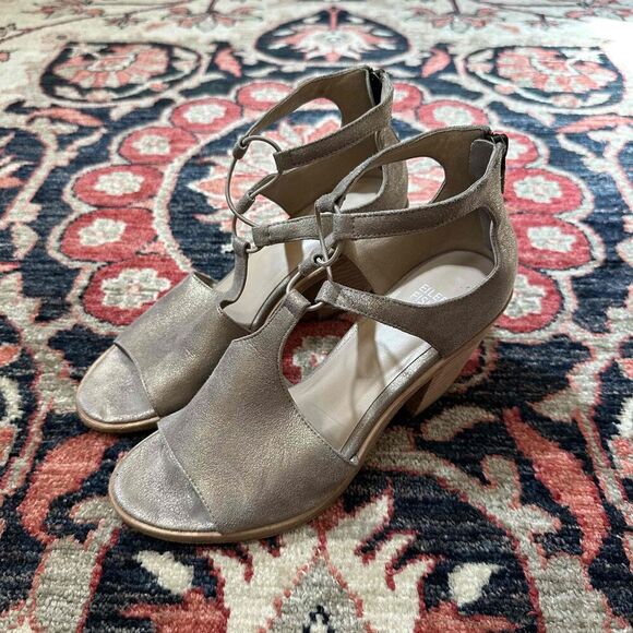 Eileen Fisher Gold Strappy Open Toe Block Heel Sandals - Picture 7 of 9